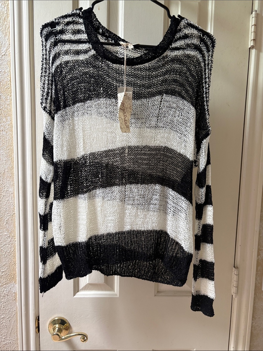 Mystree Black and White Striped Scoop Neck Sweater